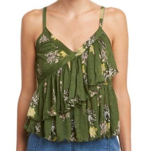 Free People Green Floral Print Ruffled Tank Top - Picture 1 of 4